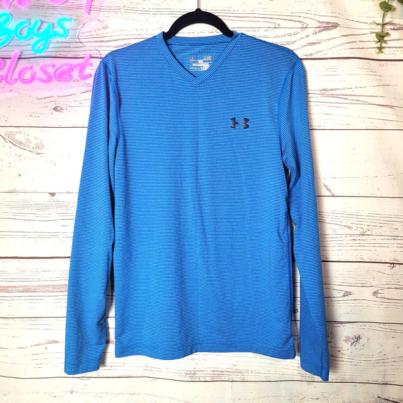 Under Armour Blue Striped Coldgear Fitted V-Neck Long Sleeve Top Mens Size Small - Picture 1 of 3